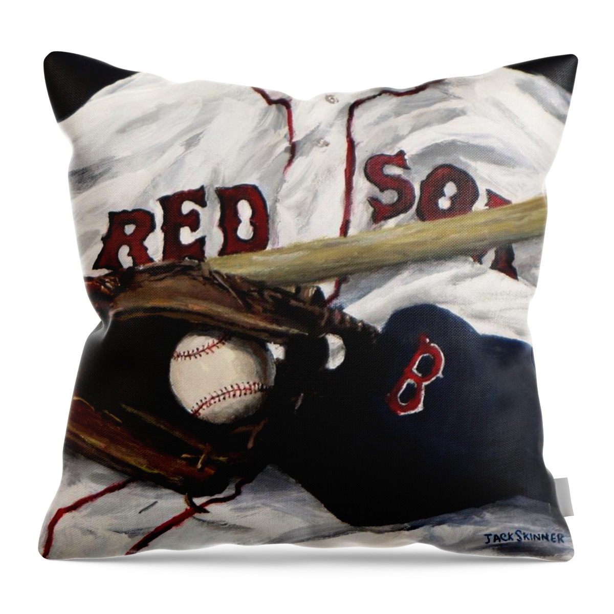 Baseball Throw Pillow featuring the painting Red Sox number nine by Jack Skinner
