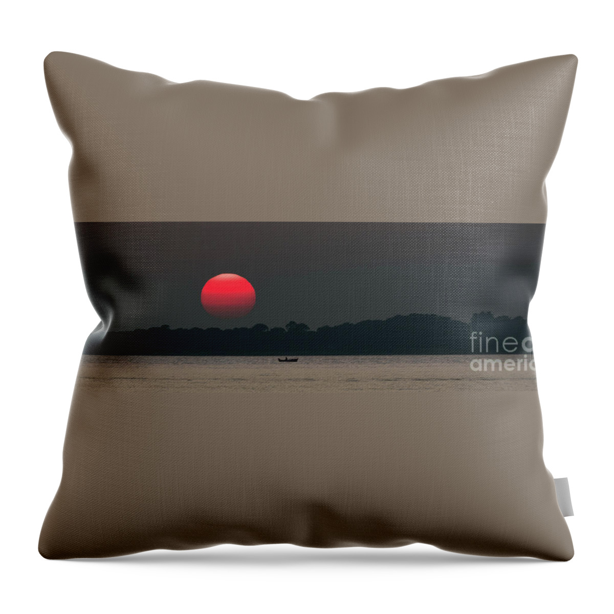 Sun Throw Pillow featuring the photograph Red Sun at Sunset at Sea with Fishing Boat by Andreas Berthold