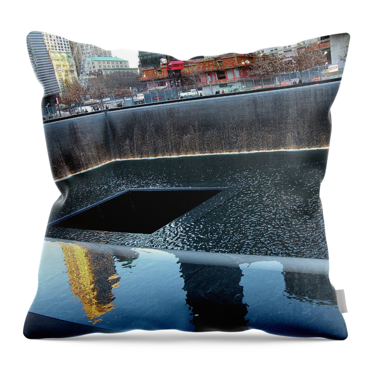 Reflecting Pool Throw Pillow featuring the photograph Reflecting Pool at 9/11 Memorial Site in NYC by Linda Stern