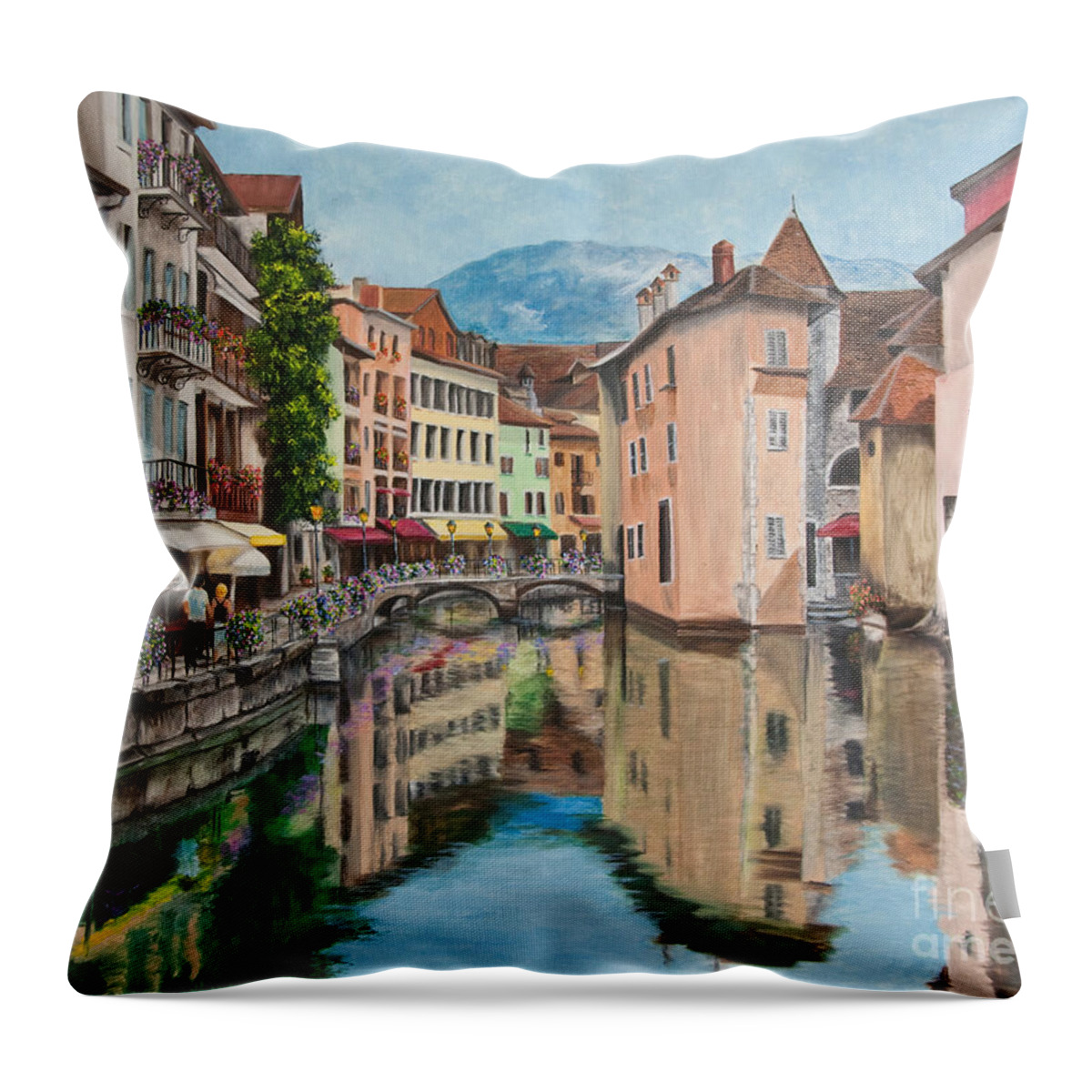 Annecy France Art Throw Pillow featuring the painting Reflections Of Annecy by Charlotte Blanchard
