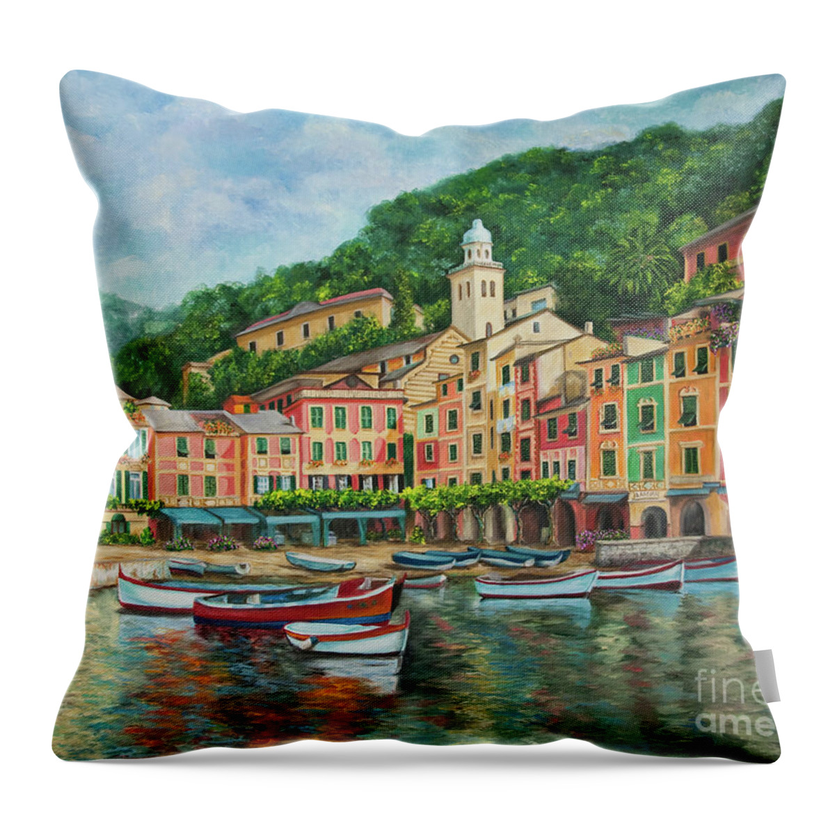 Portofino Italy Art Throw Pillow featuring the painting Reflections Of Portofino by Charlotte Blanchard