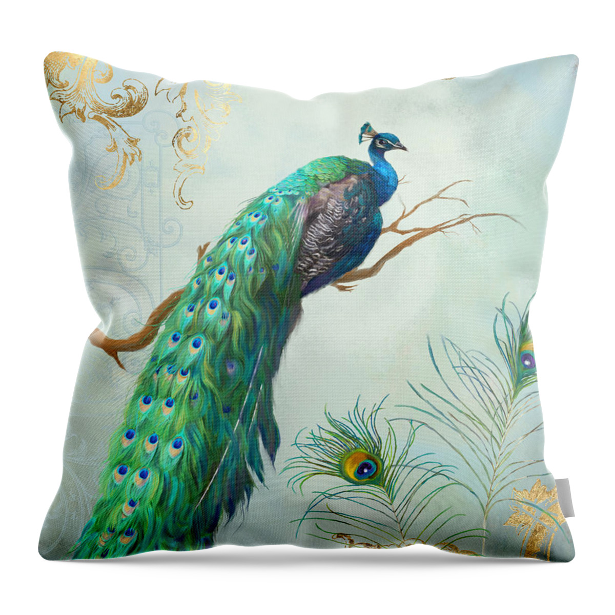 Peacock On Tree Branch Throw Pillow featuring the painting Regal Peacock 1 on Tree Branch w Feathers Gold Leaf by Audrey Jeanne Roberts