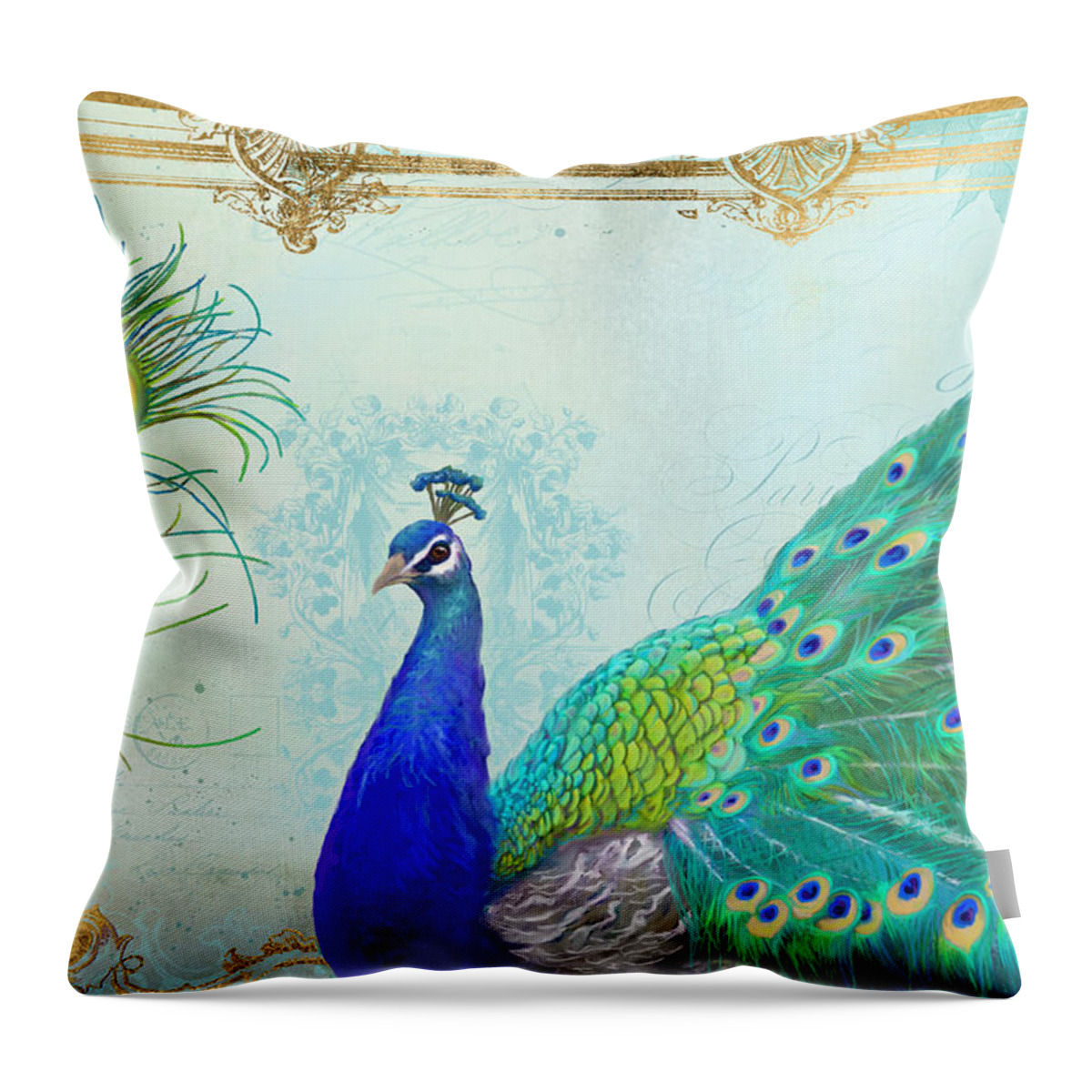 Peacock Throw Pillow featuring the painting Regal Peacock 2 w Feather n Gold Leaf French Style by Audrey Jeanne Roberts