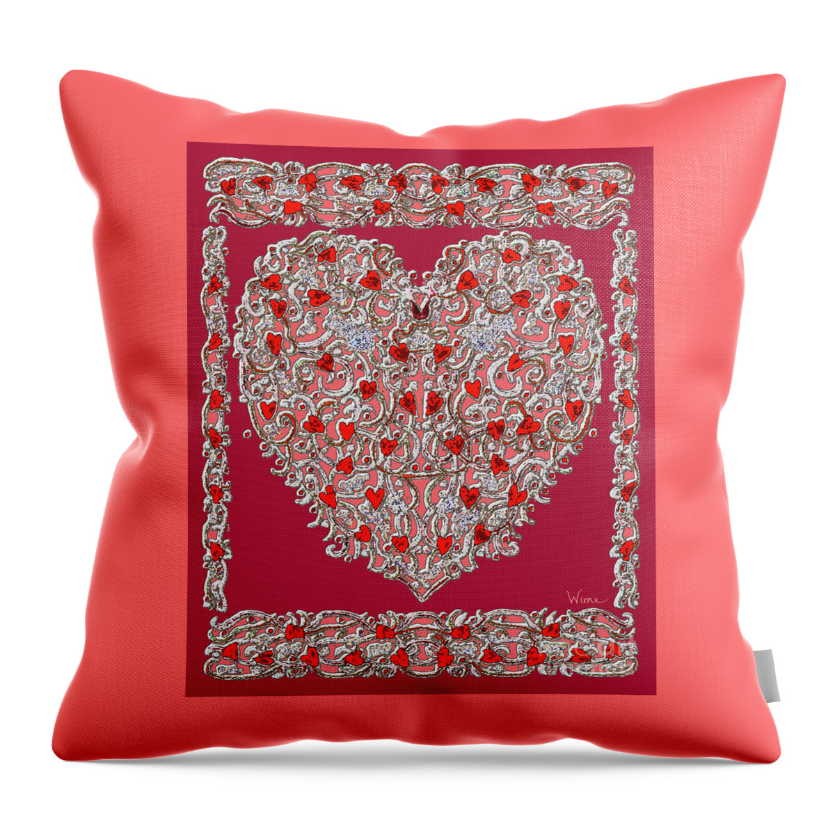Lise Winne Throw Pillow featuring the digital art Renaissance Style Heart with Dark Red Background by Lise Winne