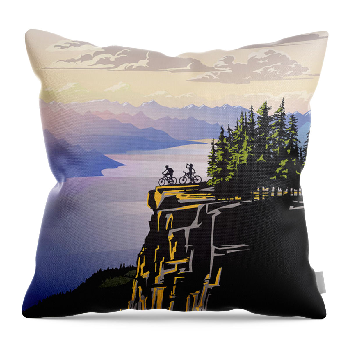Cycling Throw Pillow featuring the digital art Retro Beautiful BC Travel poster by Sassan Filsoof