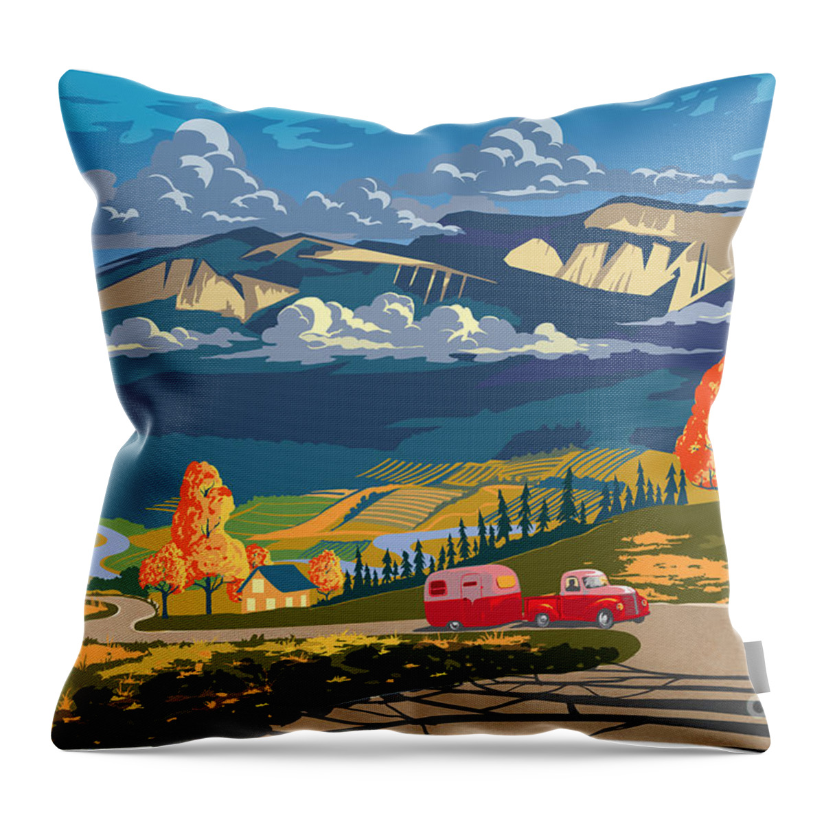 Retro Travel Throw Pillow featuring the painting Retro Travel Autumn Landscape by Sassan Filsoof