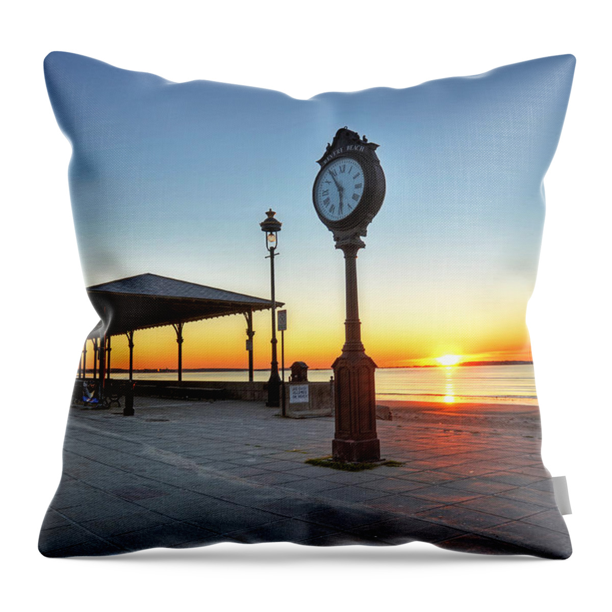 Revere Throw Pillow featuring the photograph Revere Beach Clock at sunrise Revere MA by Toby McGuire