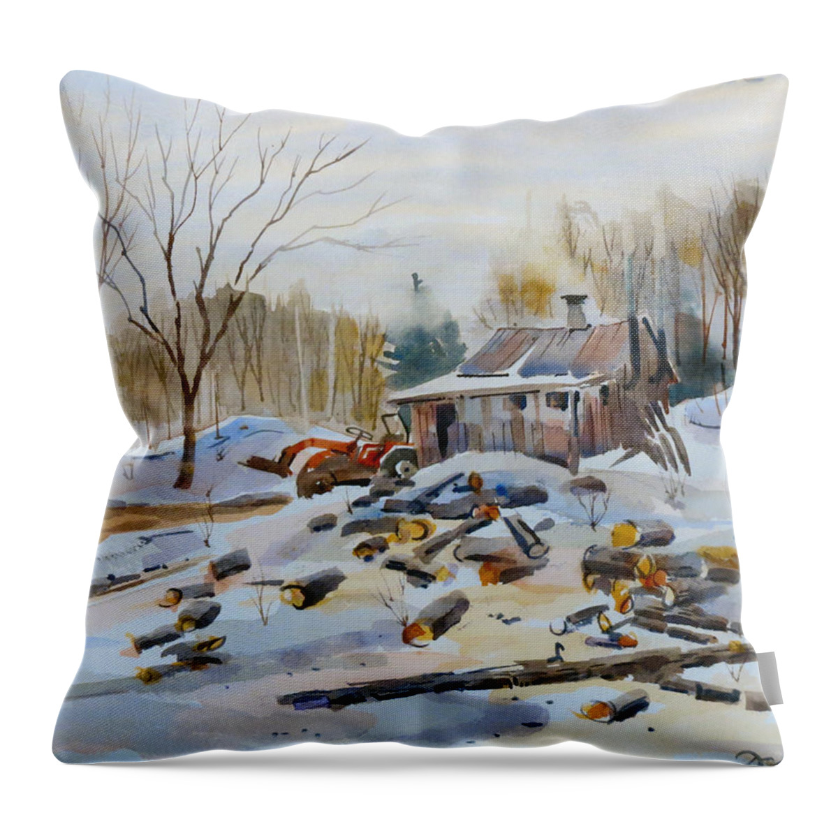 Winter Throw Pillow featuring the painting Reynold's Sugar Shack by David Gilmore
