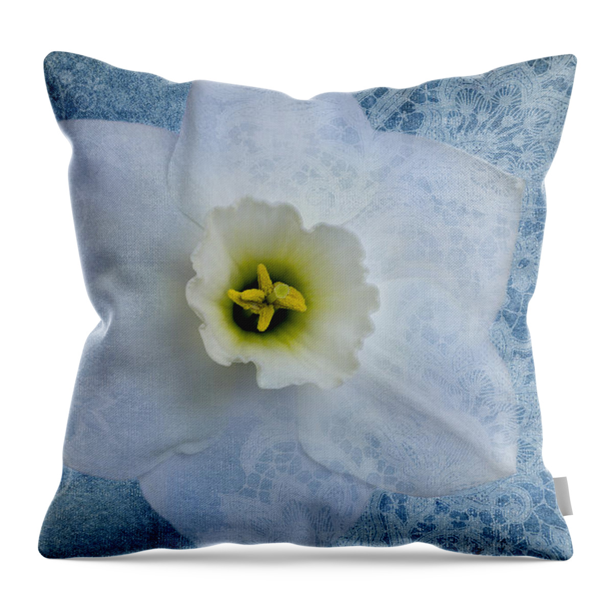 White Daffodil Flower Throw Pillow featuring the photograph Sapphire Lace by Marina Kojukhova