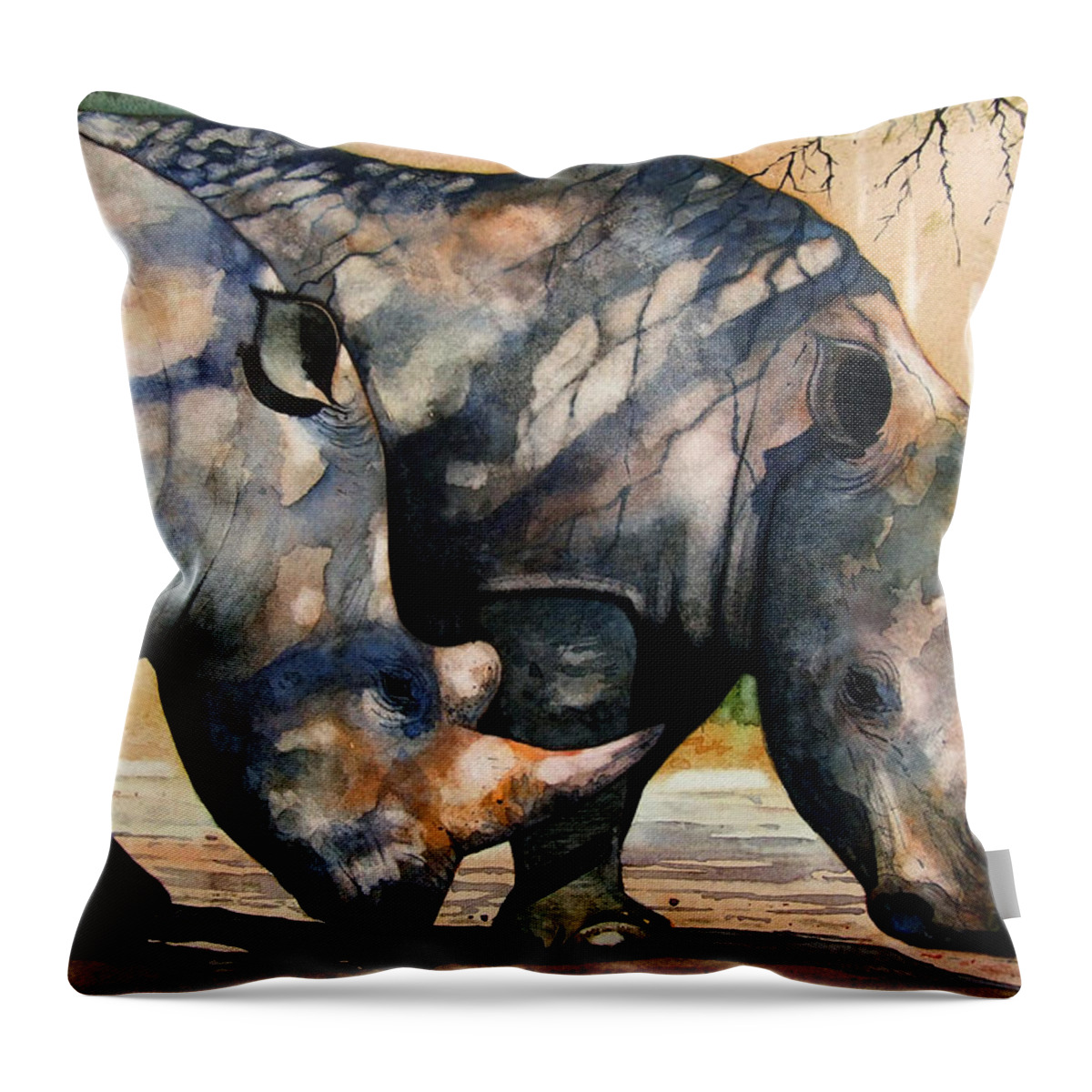 Rhino Throw Pillow featuring the painting Rhinos in dappled shade. by Paul Dene Marlor