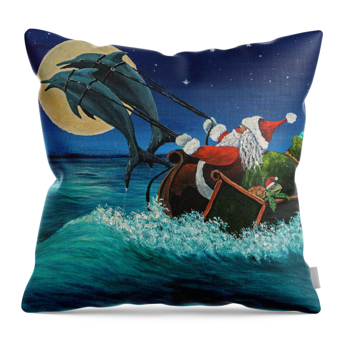 Santa Throw Pillow featuring the painting Riding The Waves With Santa by Darice Machel McGuire