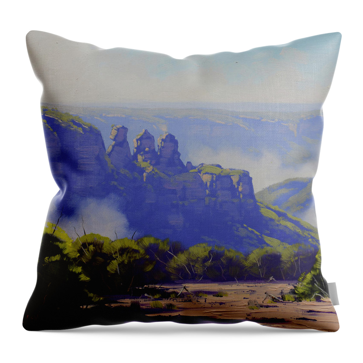 The Three Sisters Throw Pillow featuring the painting Rising Mist Three Sisters Australia by Graham Gercken