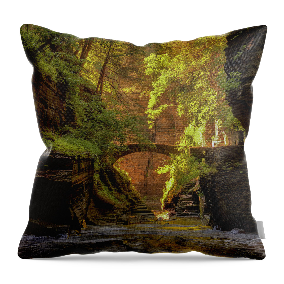 Gorge Throw Pillow featuring the photograph Rivendell Bridge by Rod Best