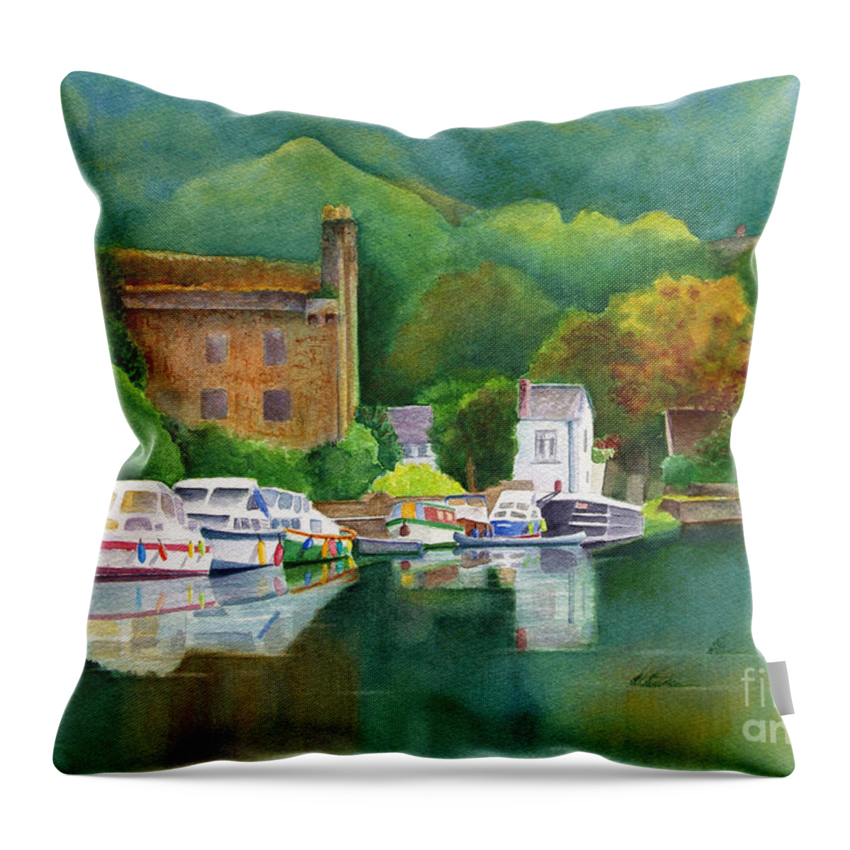 Landscape Throw Pillow featuring the painting Riverboats by Karen Fleschler