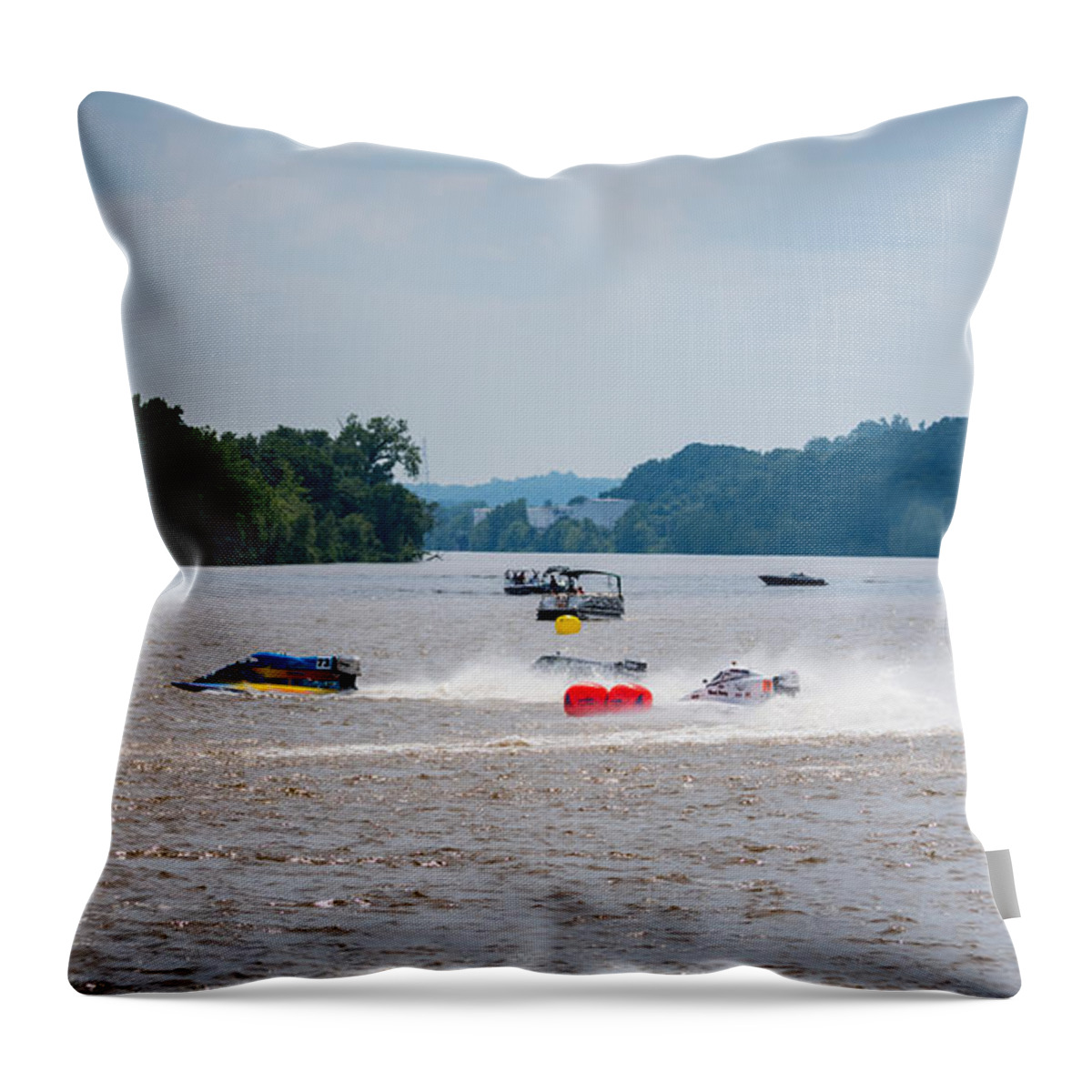 Riverfront Roar Throw Pillow featuring the photograph Riverfront Roar- Taking The Turn by Holden The Moment
