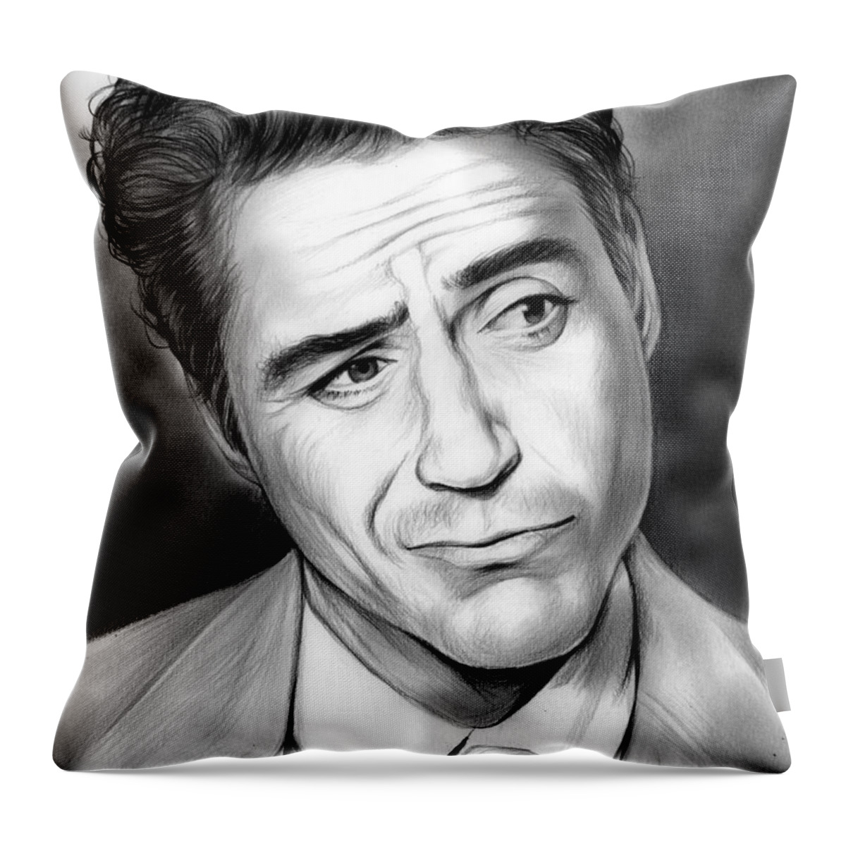Robert Downey Throw Pillow featuring the drawing Robert Downey Jr by Greg Joens