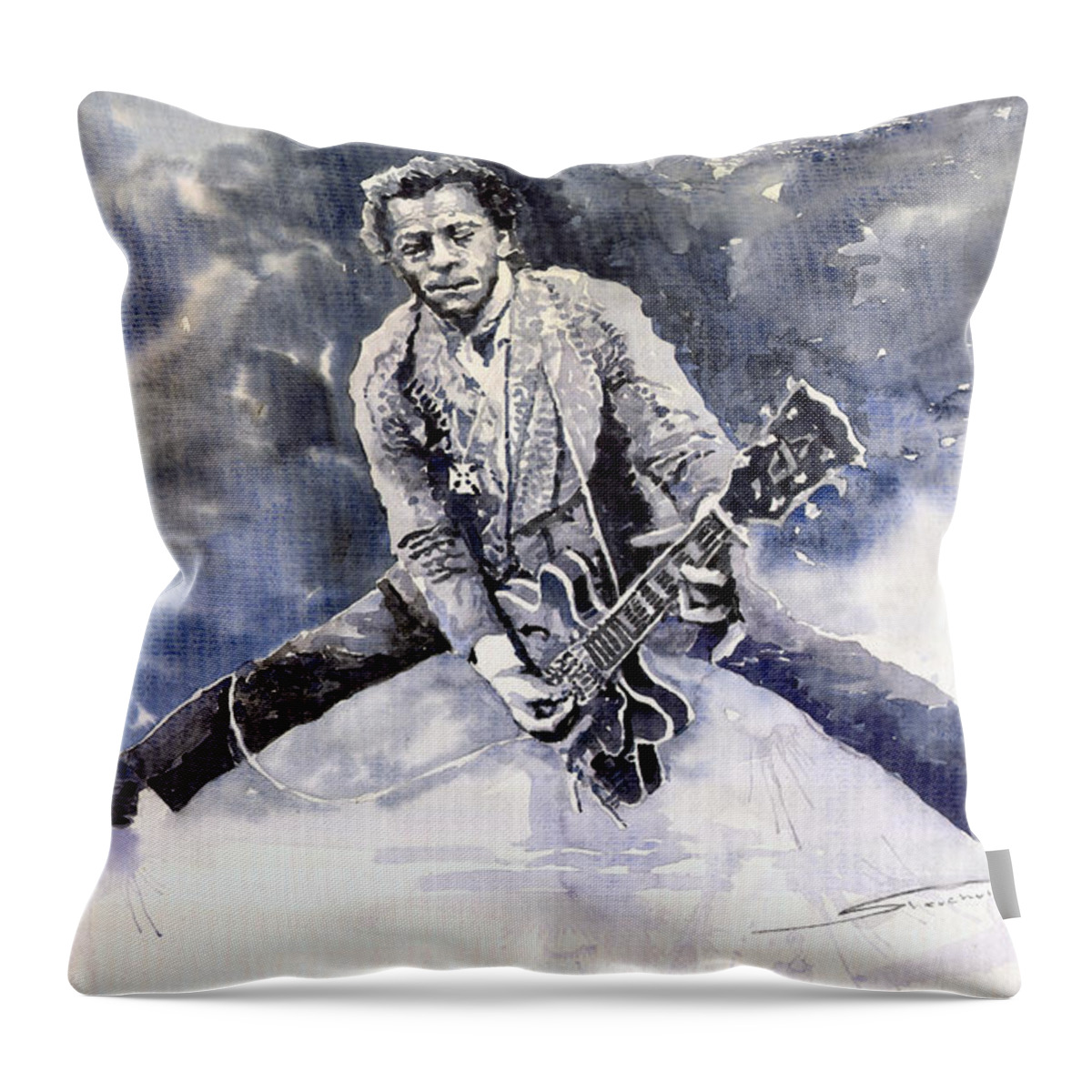 Watercolour Throw Pillow featuring the painting Rock and Roll Music Chuk Berry by Yuriy Shevchuk