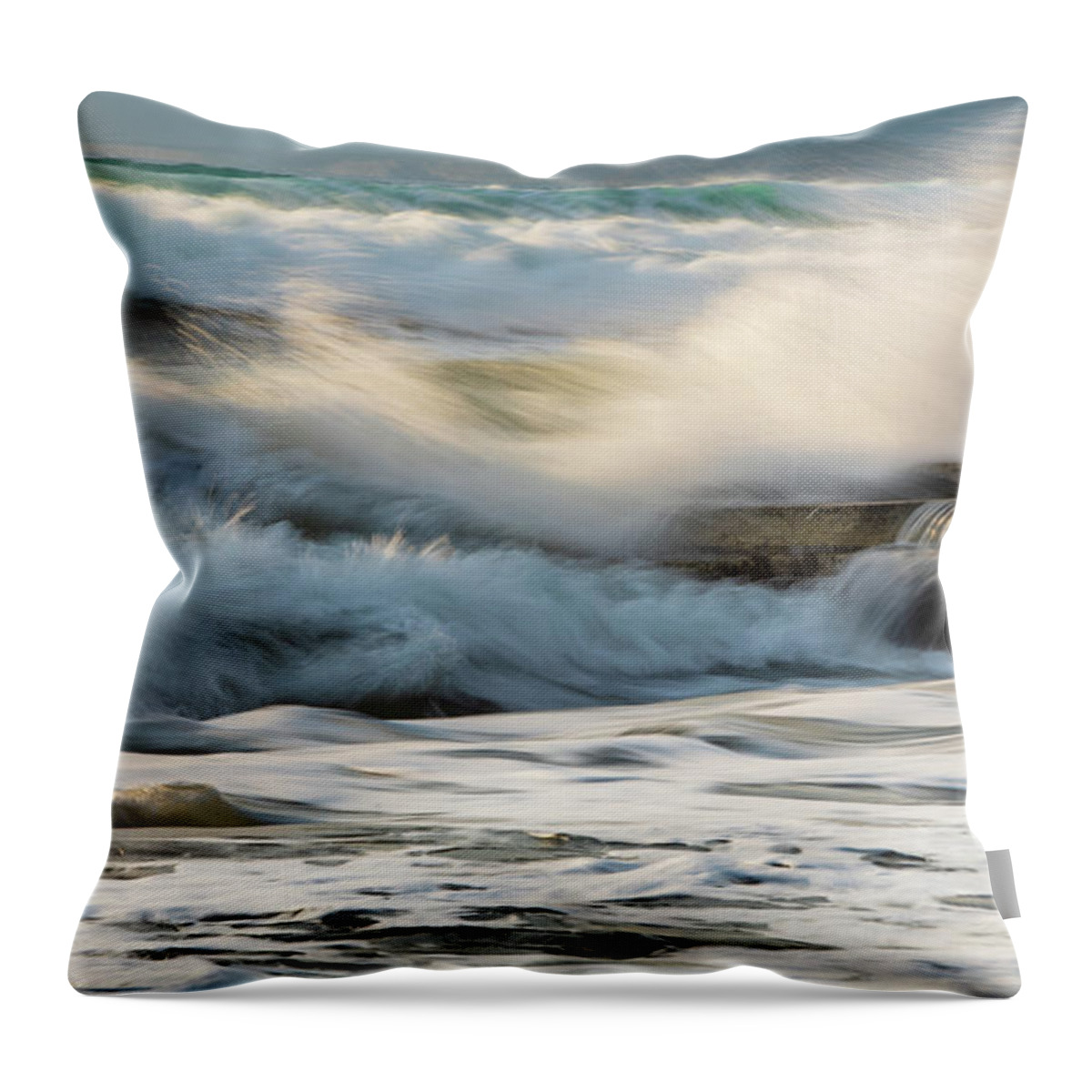 Sea Waves Throw Pillow featuring the photograph Rocky seashore, wavy ocean and wind waves crashing on the rocks by Michalakis Ppalis