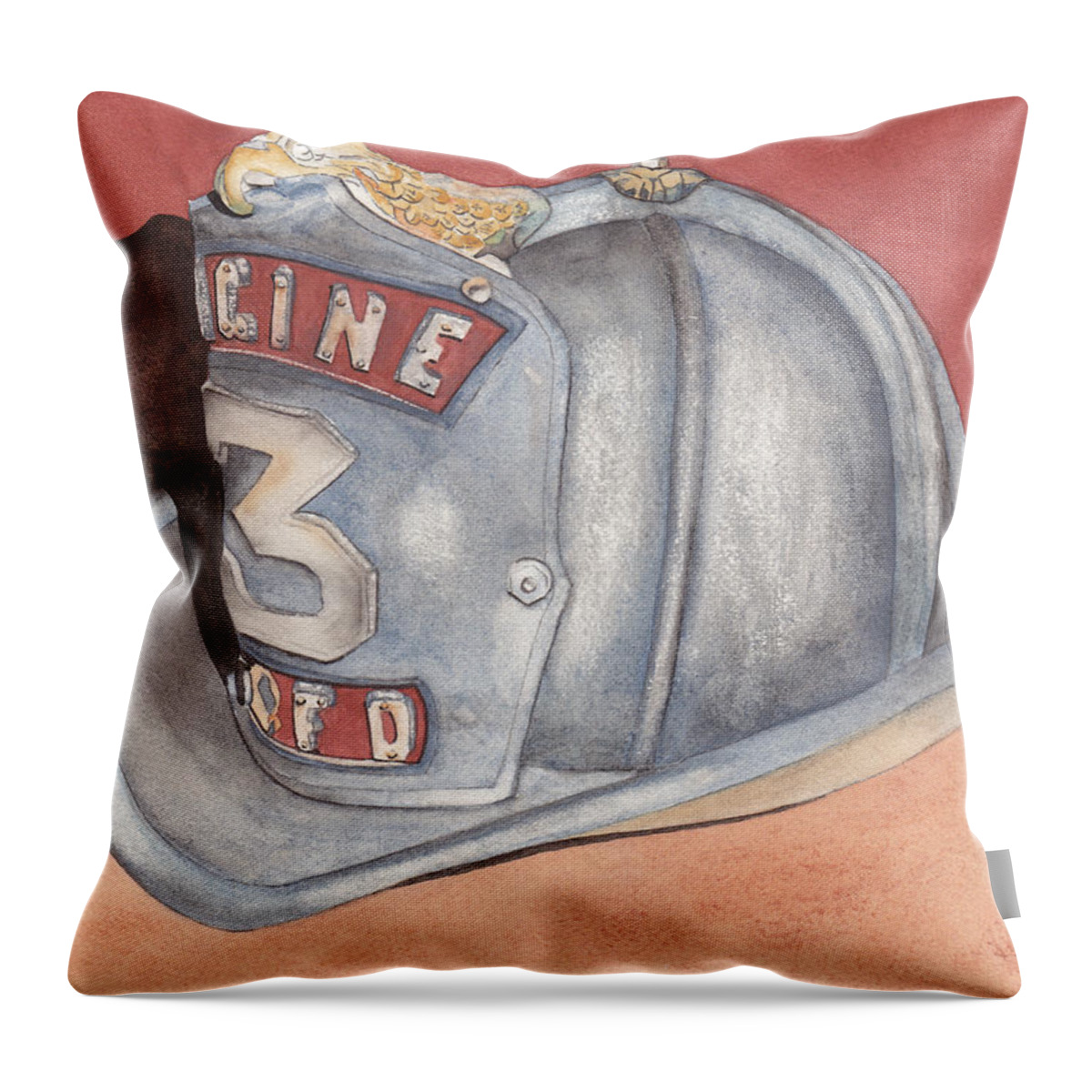 Fire Throw Pillow featuring the painting Rondo's Fire Helmet by Ken Powers