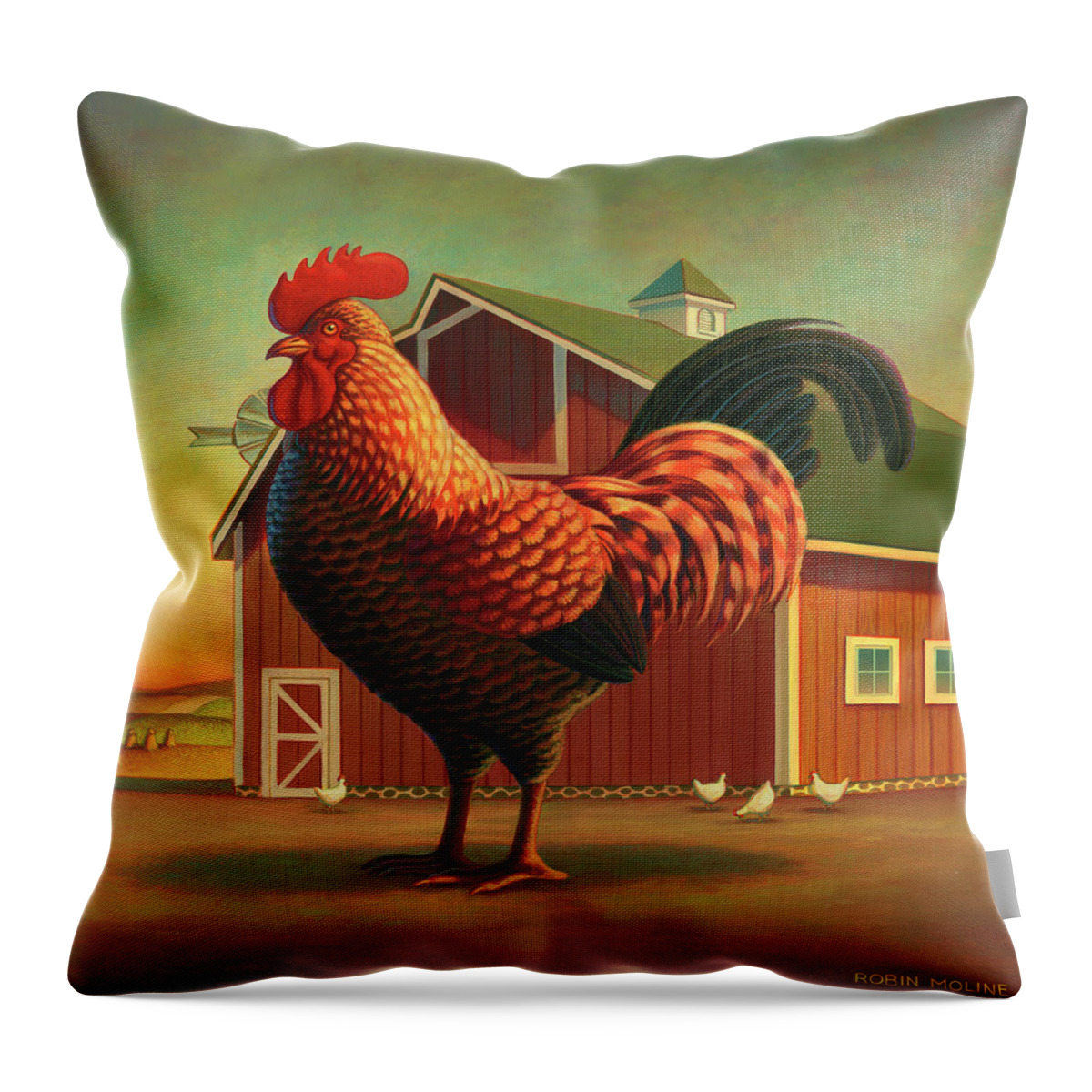 Rooster Throw Pillow featuring the painting Rooster and the Barn by Robin Moline
