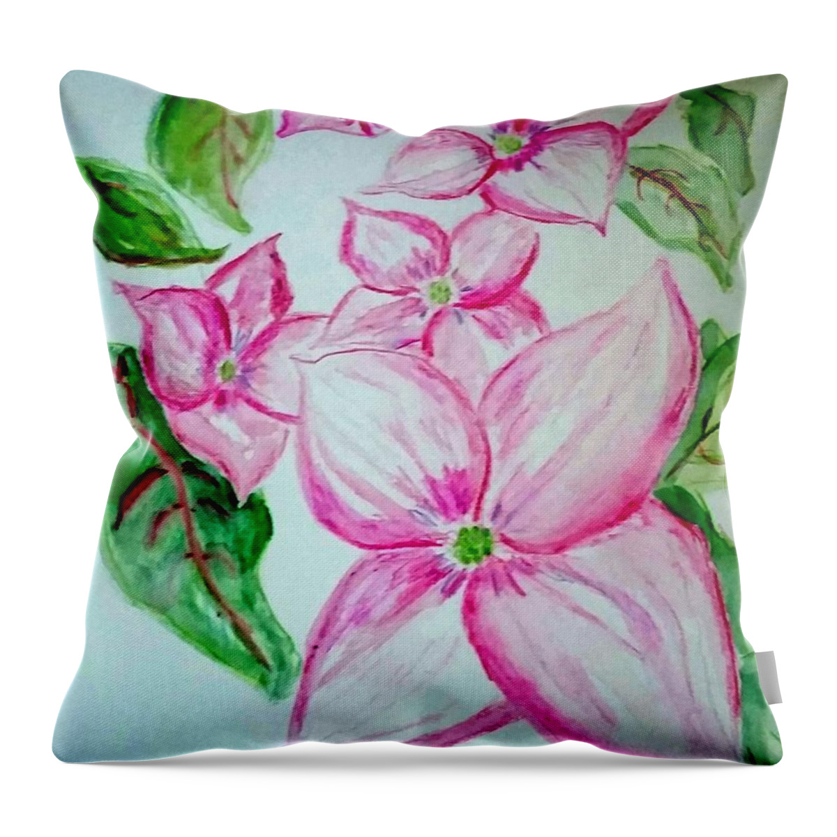 Watercolor Throw Pillow featuring the painting Rosy Teacups Dogwood Painting by Stacie Siemsen