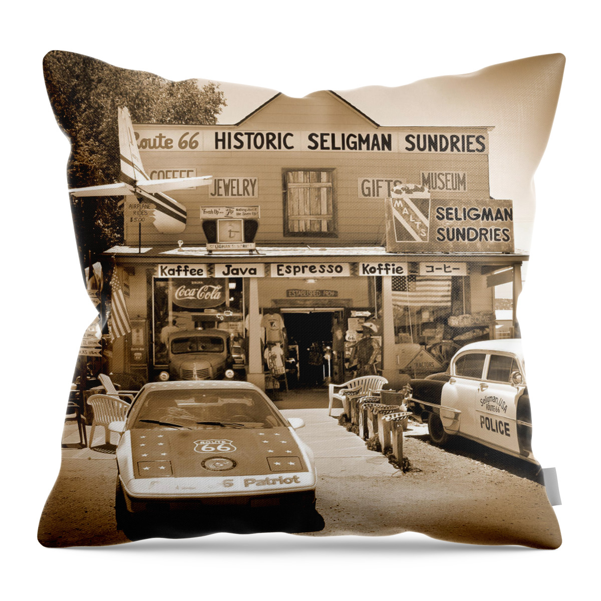 Plane Throw Pillow featuring the photograph Route 66 - Historic Sundries by Mike McGlothlen