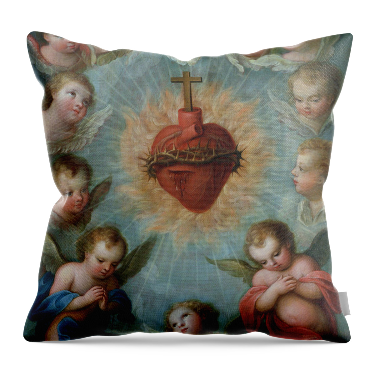 Thorns Throw Pillow featuring the painting Sacred Heart of Jesus surrounded by angels by Jose de Paez