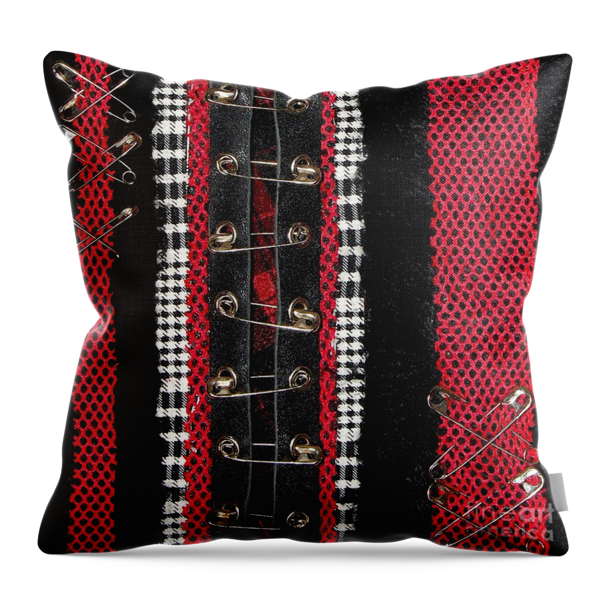 Punk Art Throw Pillow featuring the mixed media Safety Pins 2 by Roseanne Jones