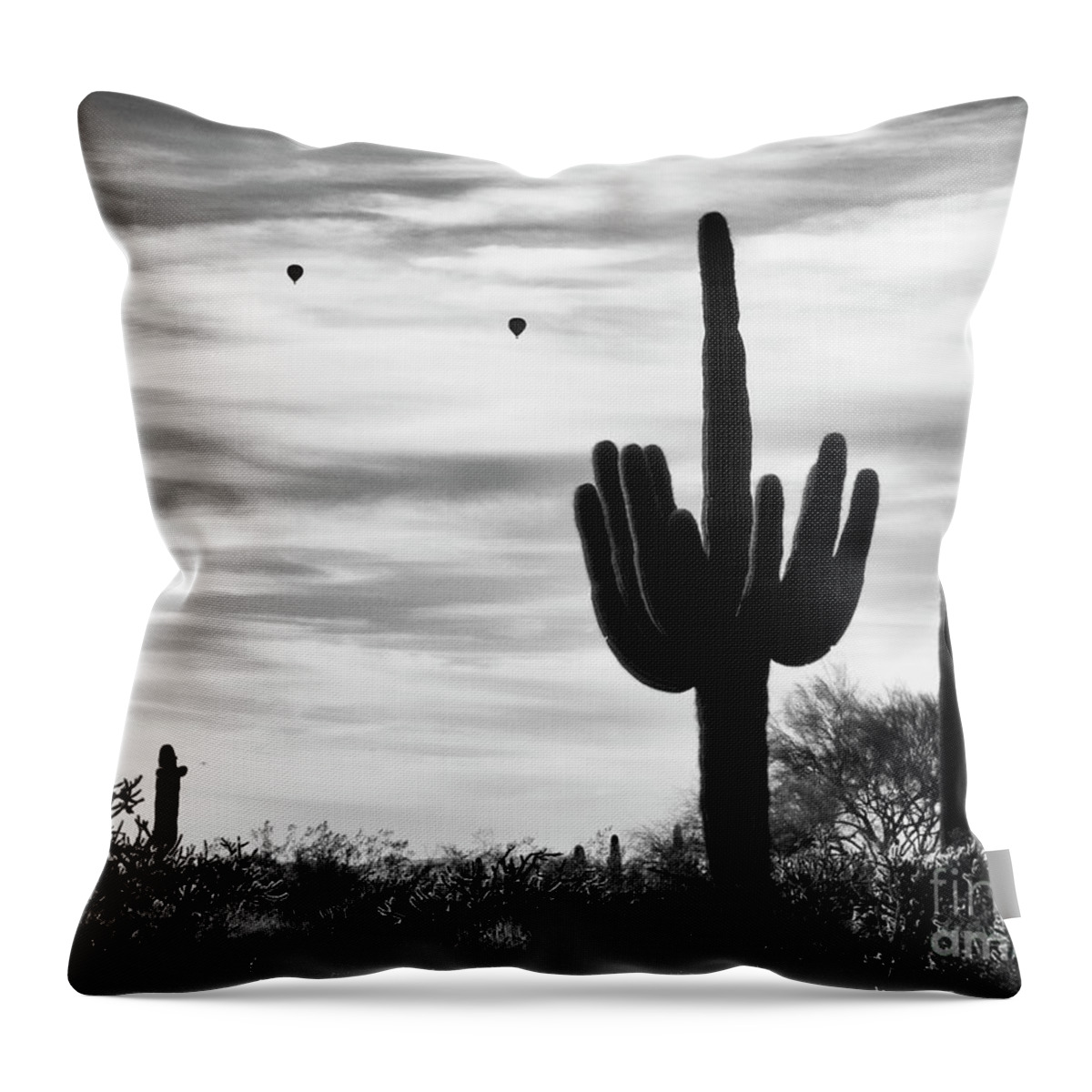 Saguaro Cactus Throw Pillow featuring the photograph Saguaro Cactus with Hot Air Balloons by Tamara Becker