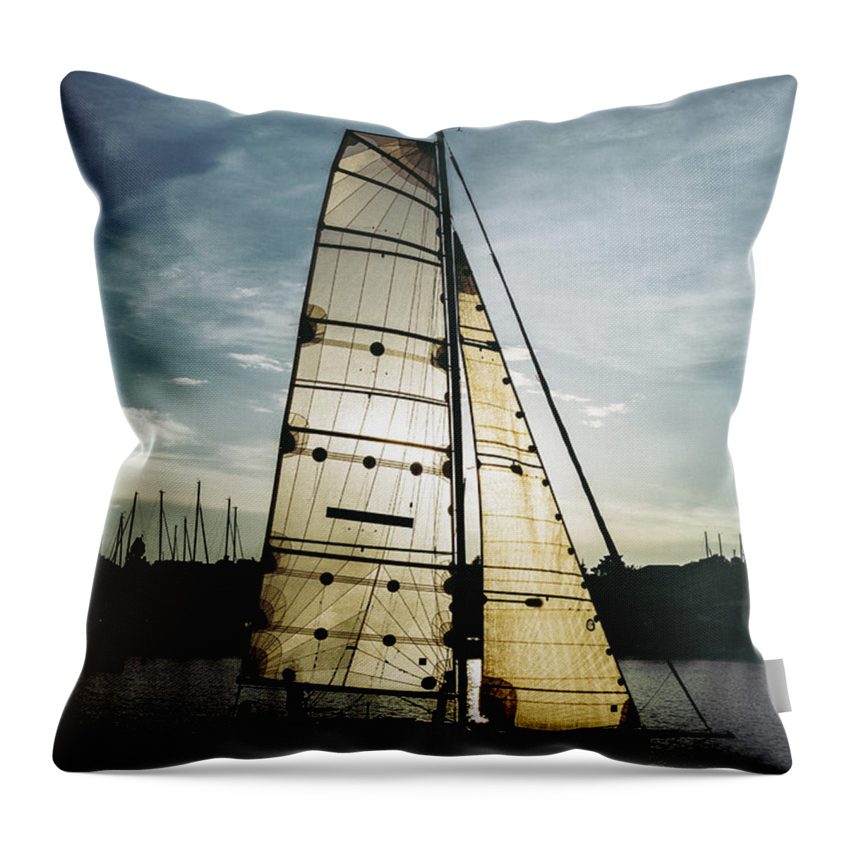Active Throw Pillow featuring the photograph Sailboat in Front of Sun in Harbor by Andreas Berthold