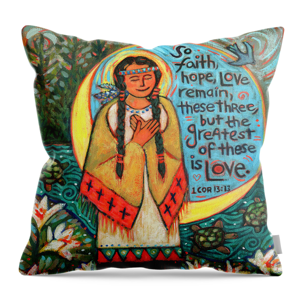 Jen Norton Throw Pillow featuring the painting Saint Kateri Tekakwitha by Jen Norton