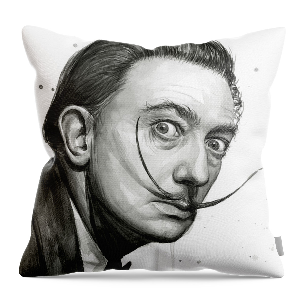 Salvador Dali Throw Pillow featuring the painting Salvador Dali Portrait Black and White Watercolor by Olga Shvartsur