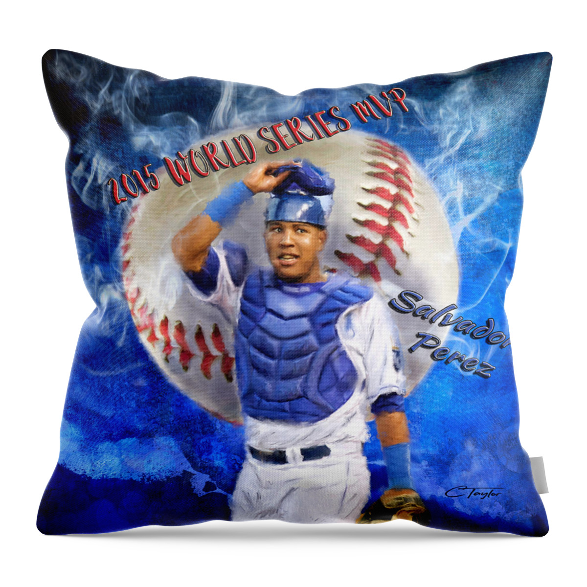 Salvie Throw Pillow featuring the painting Salvador Perez 2015 World Series MVP by Colleen Taylor