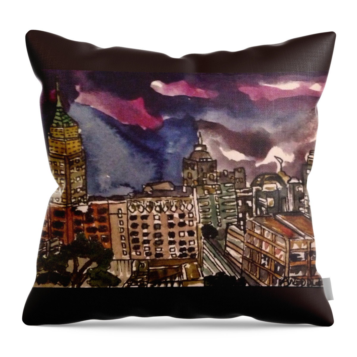 Aceo Throw Pillow featuring the painting San Antonio at Night by Angela Weddle
