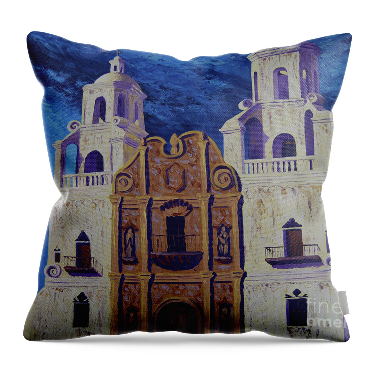 Missions Throw Pillow featuring the painting San Xavier by Cheryl Fecht