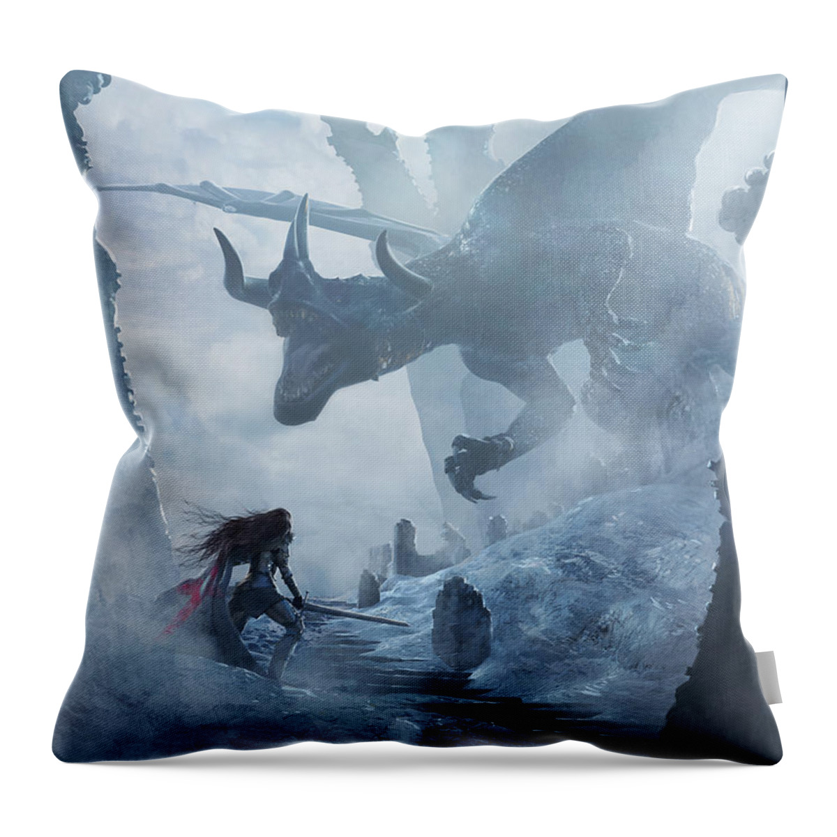 Landscape Throw Pillow featuring the painting Santa Georgina vs The Dragon by Guillem H Pongiluppi