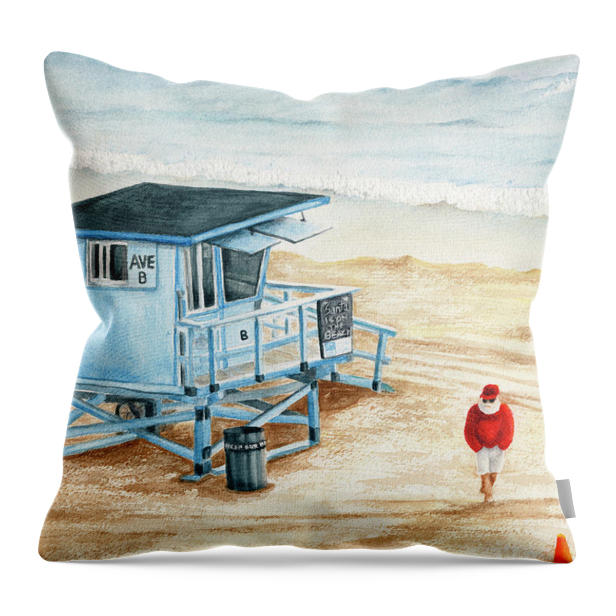 Santa On The Beach Throw Pillow featuring the painting Santa is on the Beach by Lori Taylor