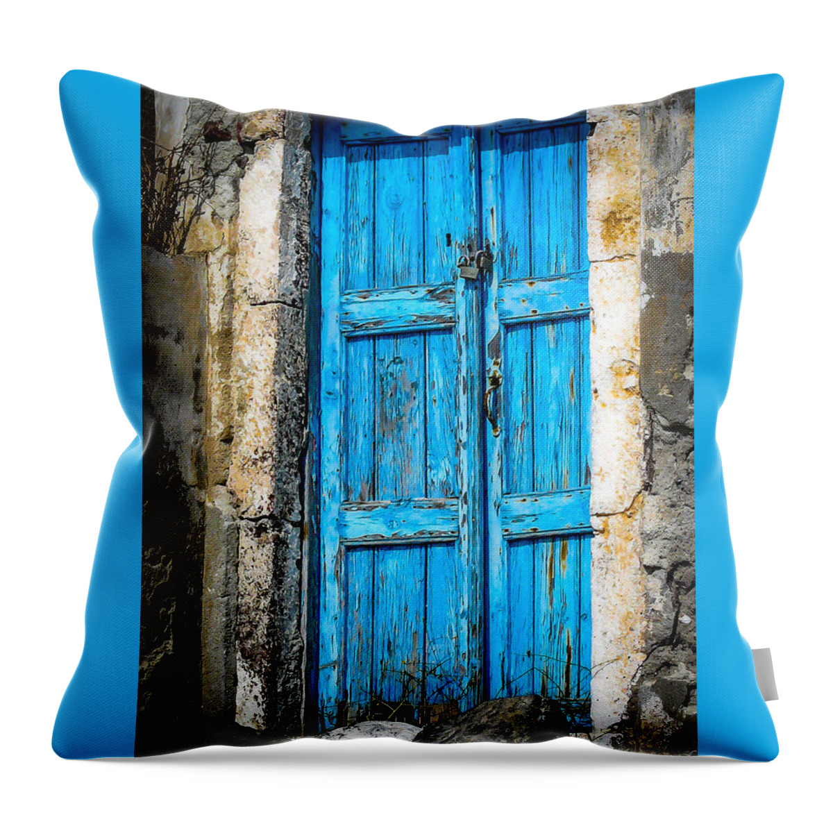 Santorini Throw Pillow featuring the photograph Santorini Blue Door by Pamela Newcomb