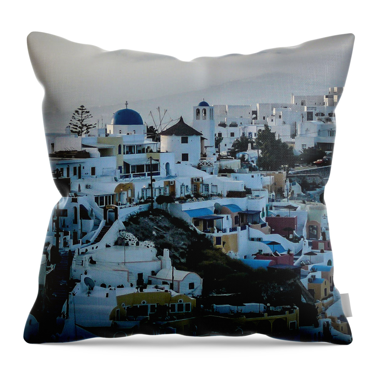 Greece Throw Pillow featuring the photograph Santorini Misty Morn by Pamela Newcomb