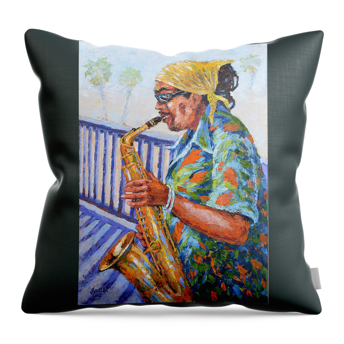 Music Throw Pillow featuring the painting Saxophone Player by Jyotika Shroff