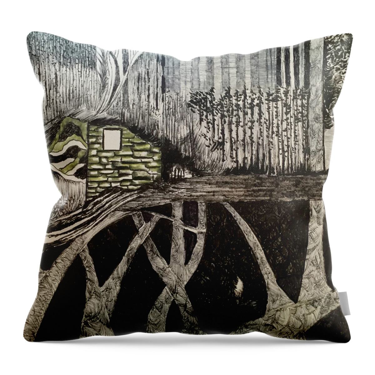 Black And Whitw Throw Pillow featuring the drawing Scene elevated by trees by Dennis Ellman