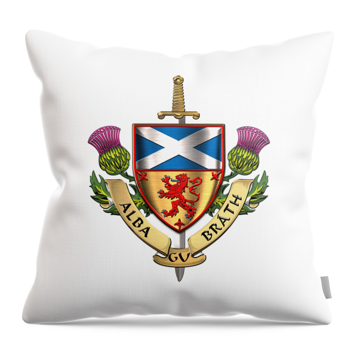 “world Heraldry” Collection Serge Averbukh Throw Pillow featuring the digital art Scotland Forever - Alba Gu Brath - Symbols of Scotland over White Leather by Serge Averbukh