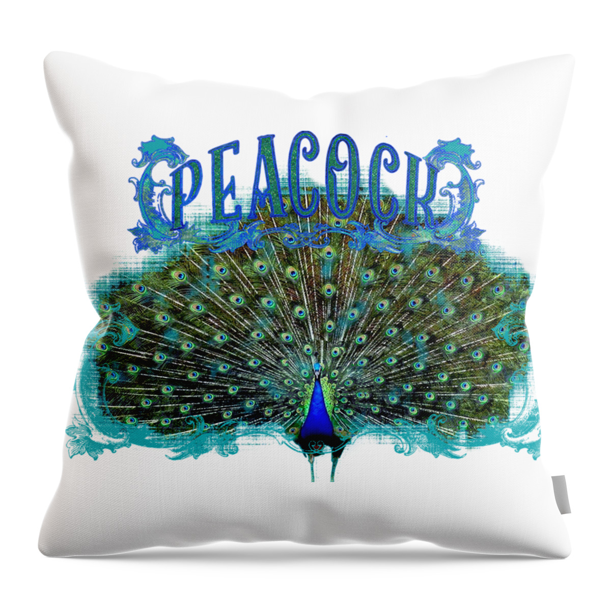 Peacock Throw Pillow featuring the painting Scroll Swirl Art Deco Nouveau Peacock w Tail Feathers Spread by Audrey Jeanne Roberts