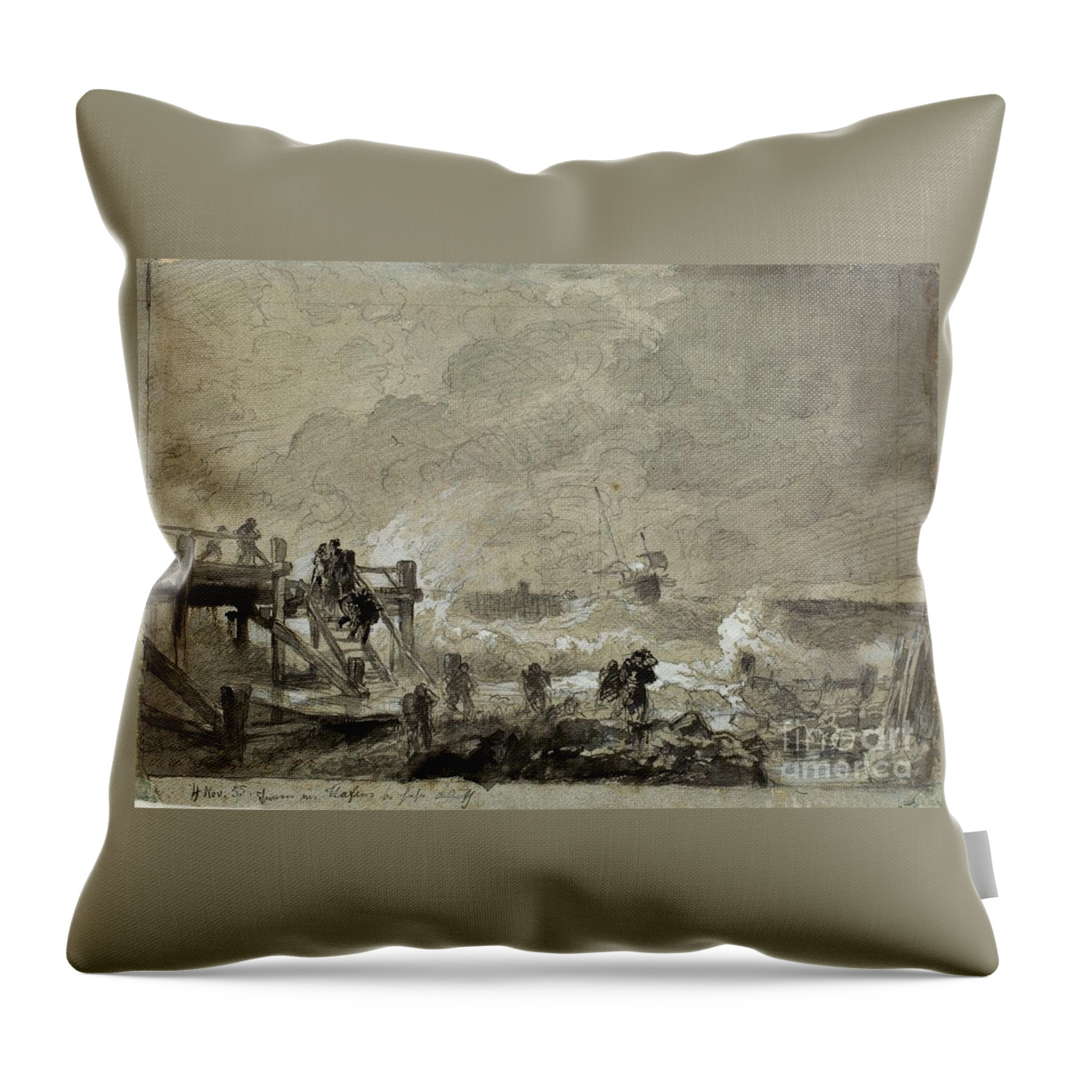 Andreas Achenbach Throw Pillow featuring the painting Sea Landscape With Footbridge by MotionAge Designs