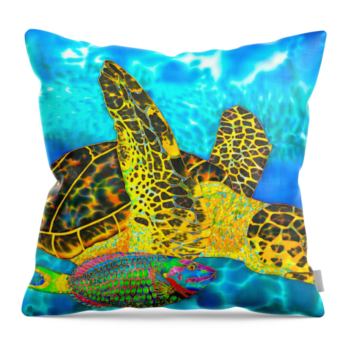 Turtle Throw Pillow featuring the painting Sea Turtle and Parrotfish by Daniel Jean-Baptiste