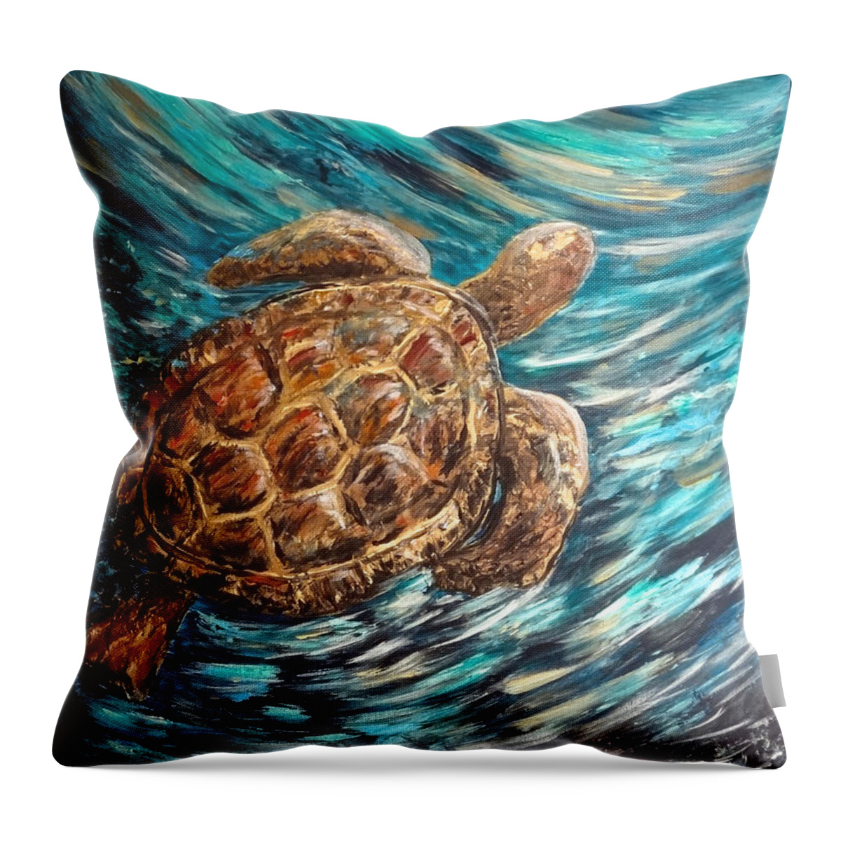 Sea Throw Pillow featuring the painting Sea Turtle Wave Guam by Michelle Pier