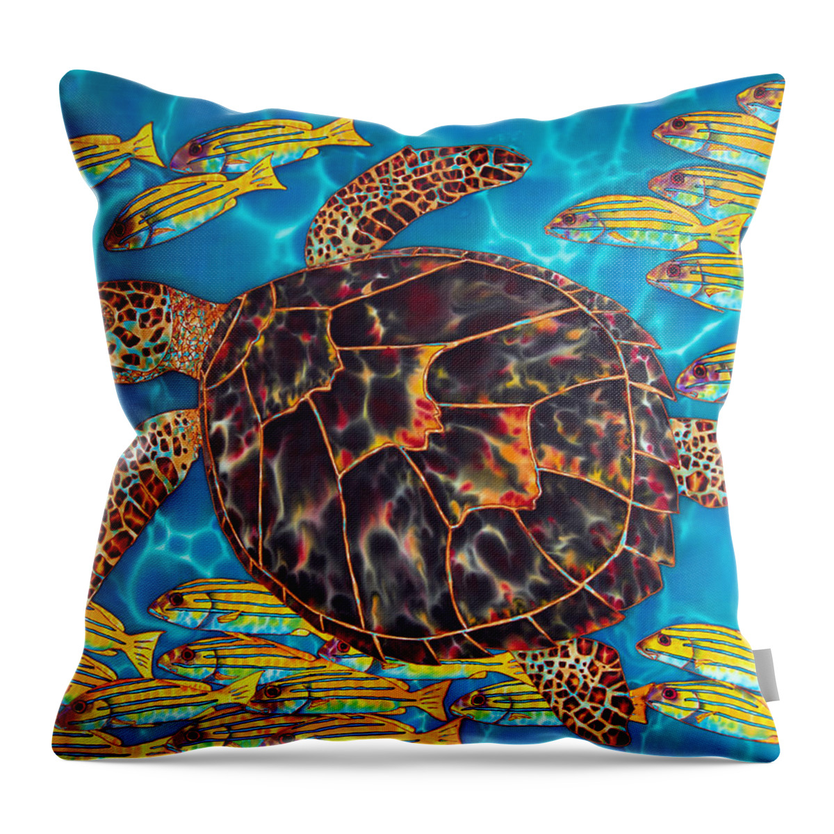 Sea Turtle Throw Pillow featuring the painting Sea Turtle with Schooling Fish by Daniel Jean-Baptiste