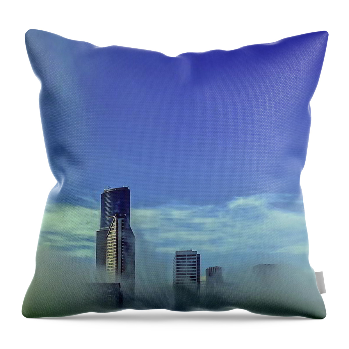 Blue Throw Pillow featuring the photograph Seattle Fog Scape by Kathryn Alexander MA