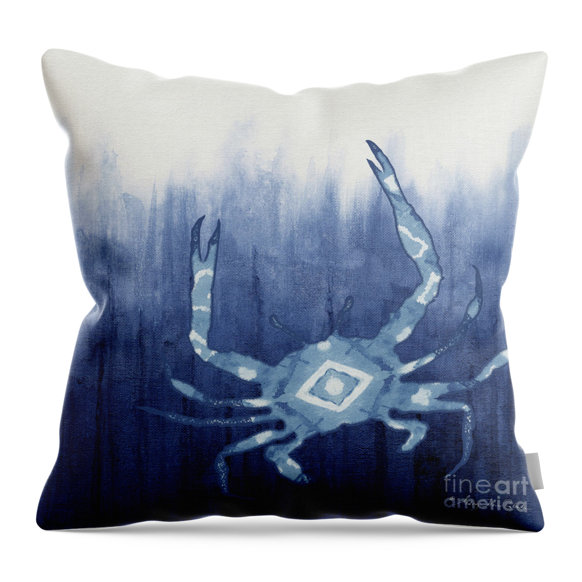 Blue Crab Throw Pillow featuring the painting Shibori Blue 4 - Patterned Blue Crab over Indigo Ombre Wash by Audrey Jeanne Roberts