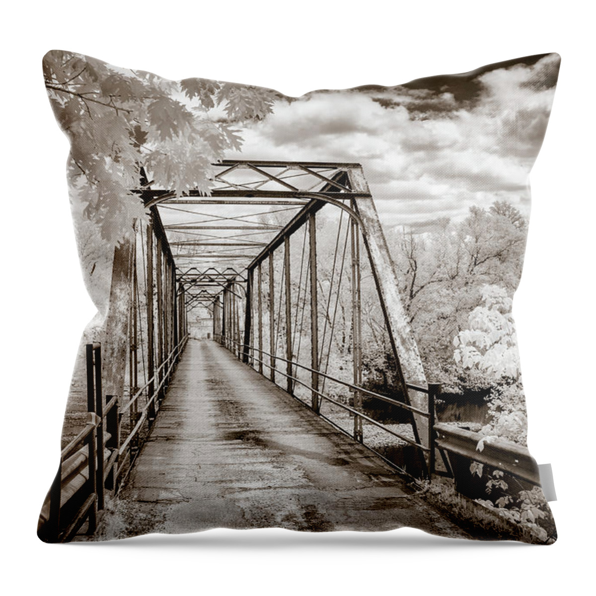 Mulberry River Throw Pillow featuring the photograph Silver Bridge in sepia by James Barber
